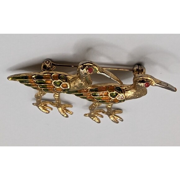 Vtg Curlew Shorebirds Pin Brooch Goldtone Enamel Wings Crystal Red Eyes - Picture 4 of 6